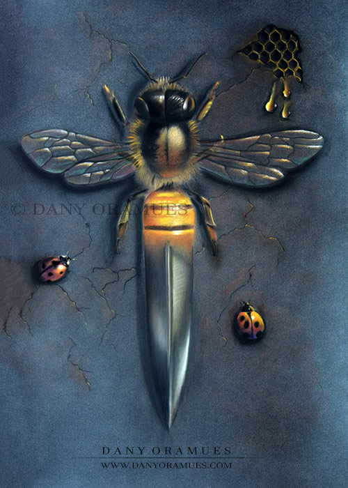 Abeja surrealista con el aguijón en forma de daga