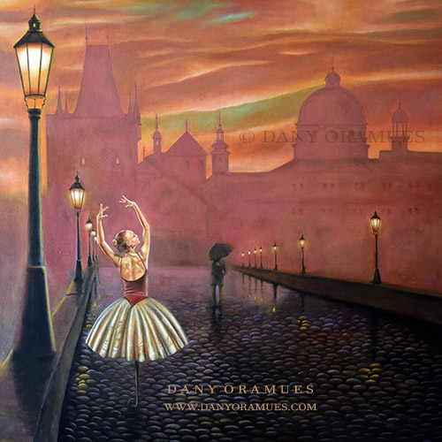 Bailarina emerge de un paraguas al atardecer