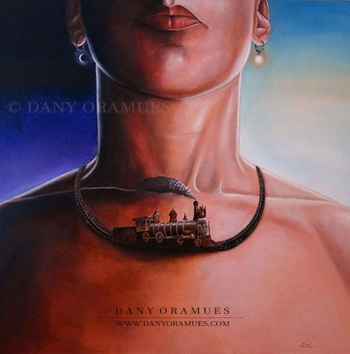 Torso surrealista mostrando un collar que se transforma en las vías de un tren