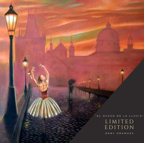 Edición limitada obra surrealista El ocaso de la lluvia, en la que se muestra una bailarina emergiendo de un paraguas al atardecer
