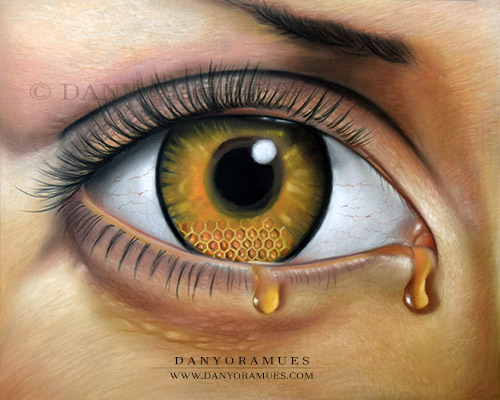 Ojo surrealista llorando lágrimas de miel