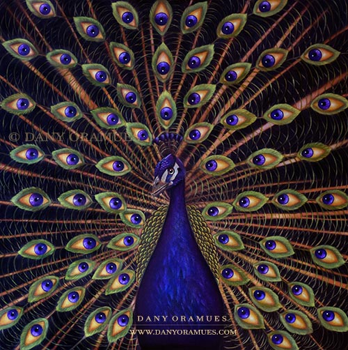 Pavo real surrealista cuyo plumaje esta formado por ojos