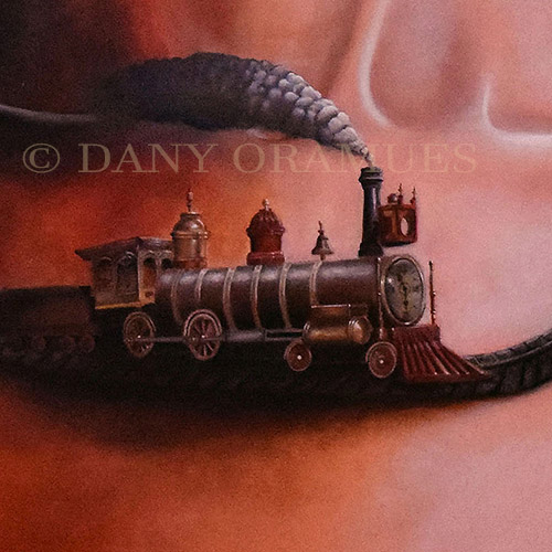 Tren surrealista portando un reloj sobre un torso desnudo