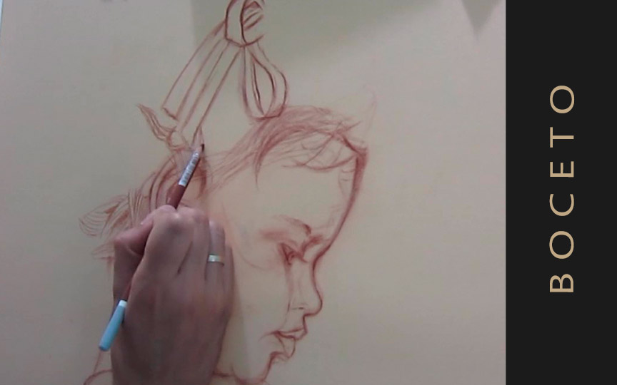 Boceto inicial retrato a pastel de una niña de perfil