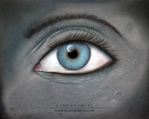 Ojo surrealista, rodeado por cráteres lunares