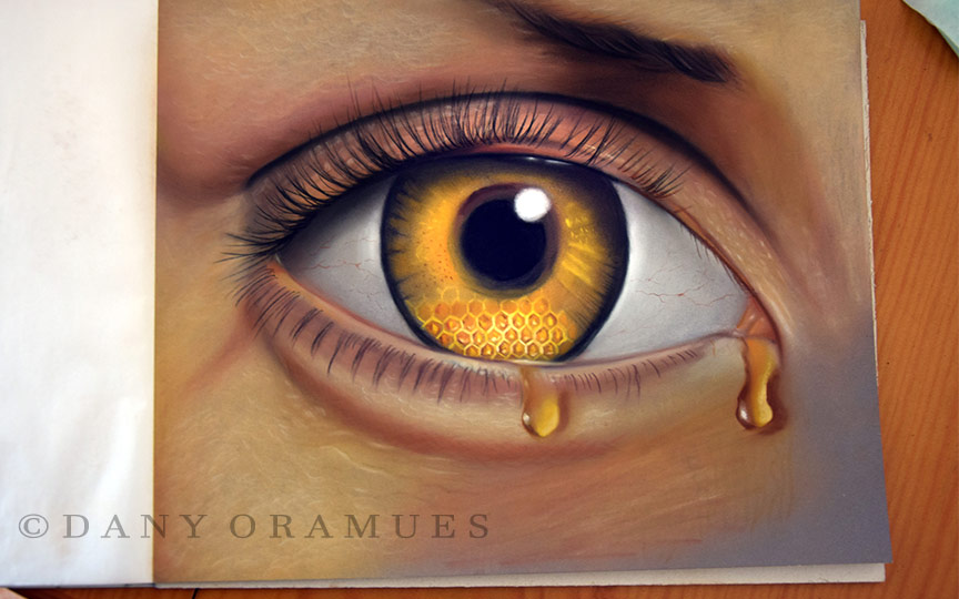 pintura incompleta ojo surrealista llorando lágrimas de miel
