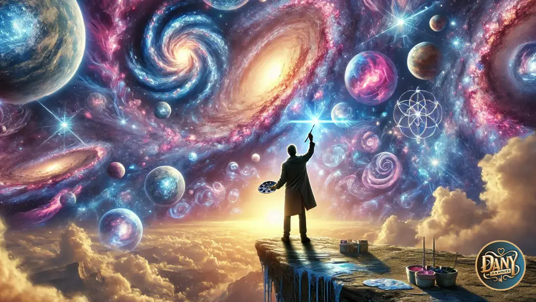 visualización creativa hombre pintando el cosmos